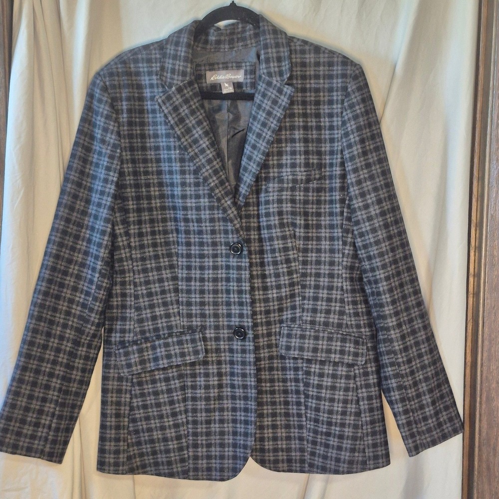Eddie Bauer Women Tall 16 Wool Blend Plaid Blazer Jacket Grey Black 2-Button